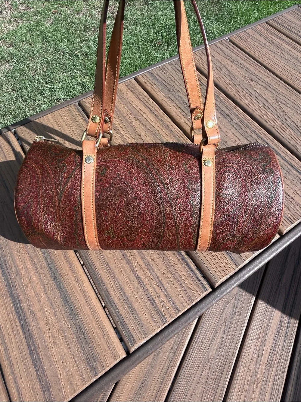 Etro Bordeaux Paisley Barrel Bag Coated Canvas Leather Trim Vintage Y2K Italy